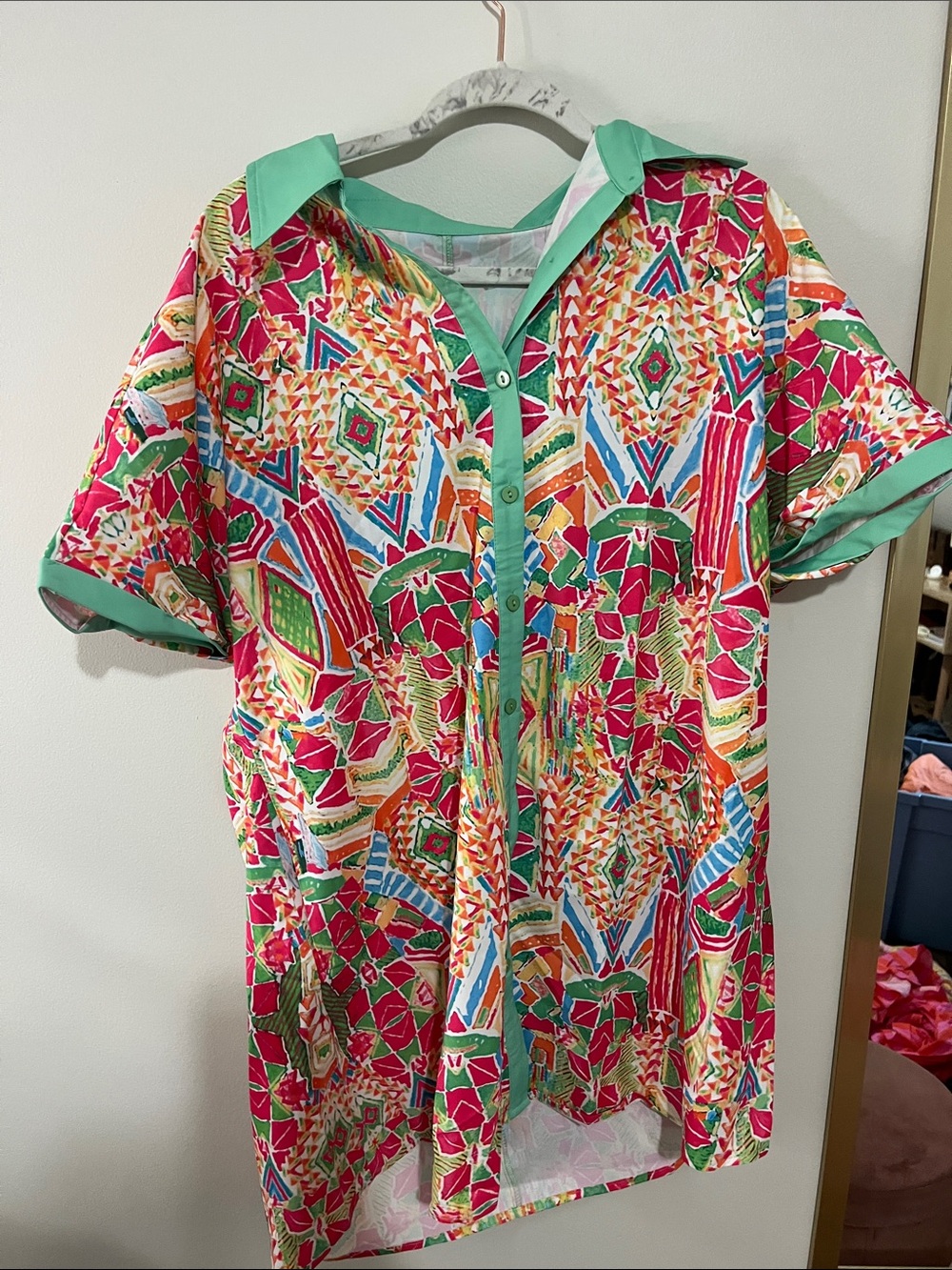 Bright Multicolor Button-Front Tunic with Mint Trim
